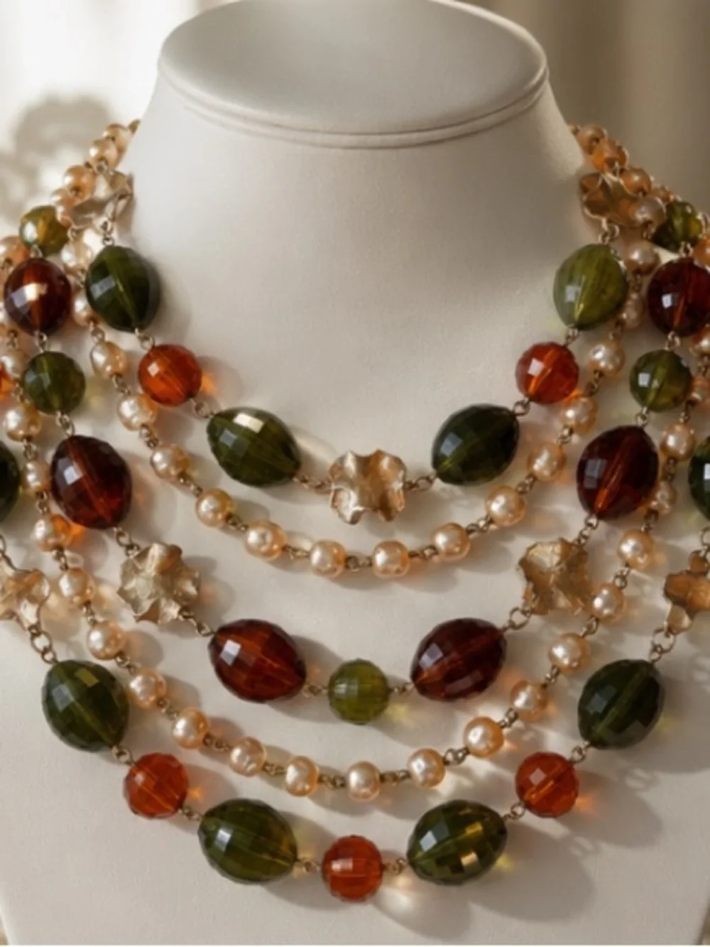 Vintage Multi Strand Freshwater Pearl & Faceted Glass Statement Necklace 16”